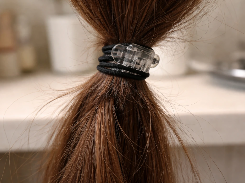 Close-up of hair with a tight clip and elastic on one spot, showing crease and frizz buildup.