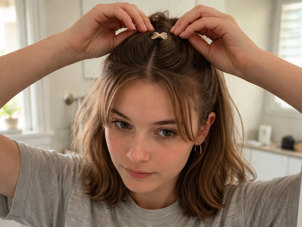 Close-up of a person styling bangs with a center part and a small half-up clip in natural light