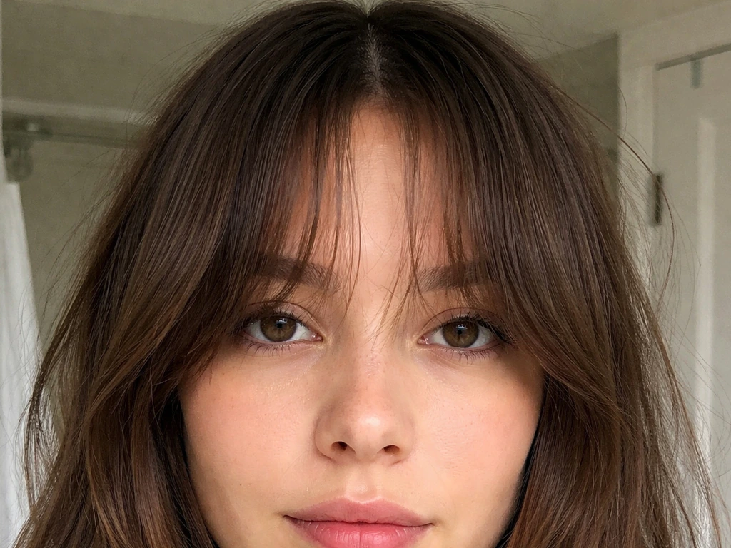 Close-up of awkward mid-grow-out curtain bangs framing the eyes with slight unevenness