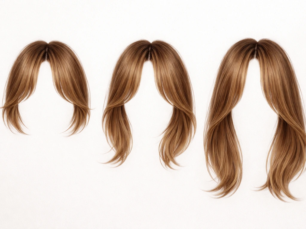 Three realistic hair swatch silhouettes showing curtain bangs at short, medium, and long lengths with different arcs