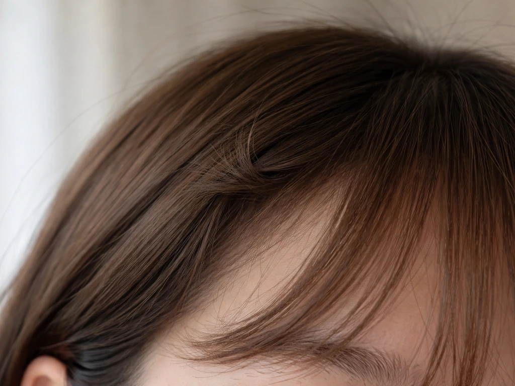 Close-up of hairline cowlick/whorl in bangs near the temple, showing strands resisting a smooth sweep