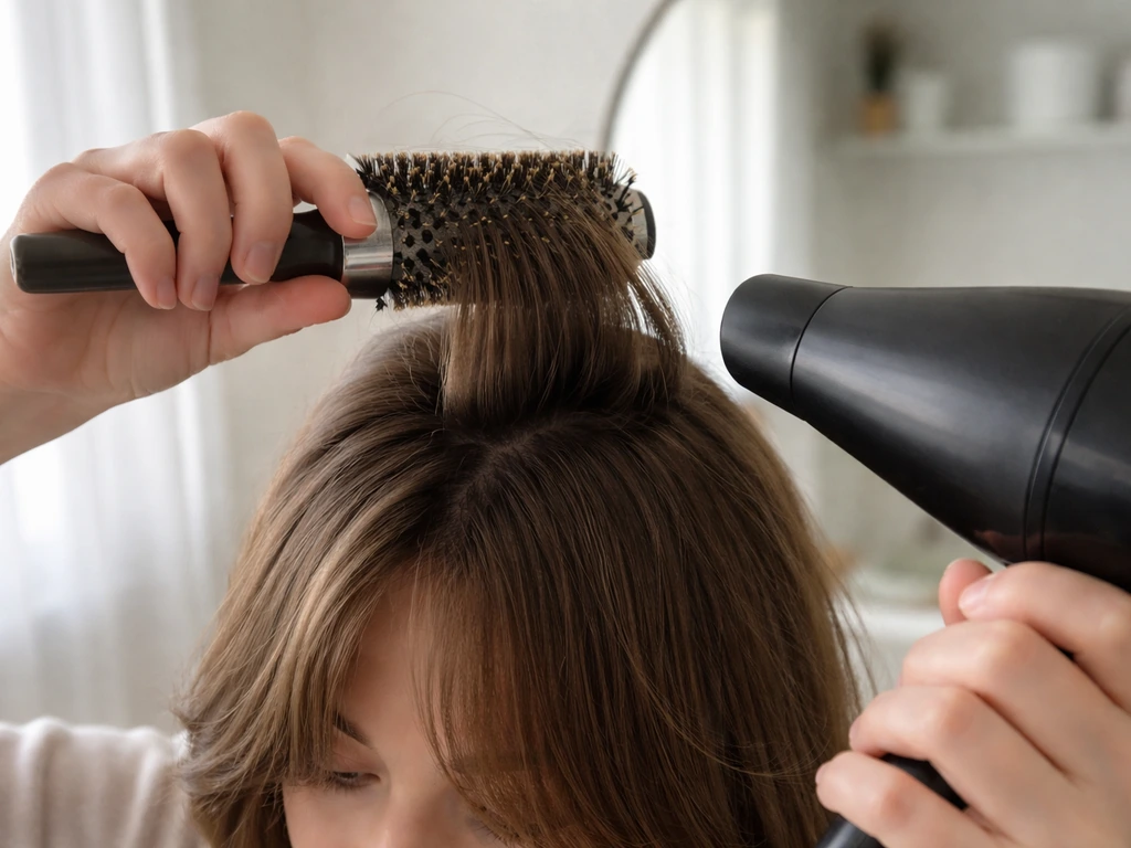 Person blow-drying sectioned bangs with a round brush for an intentional curtain sweep