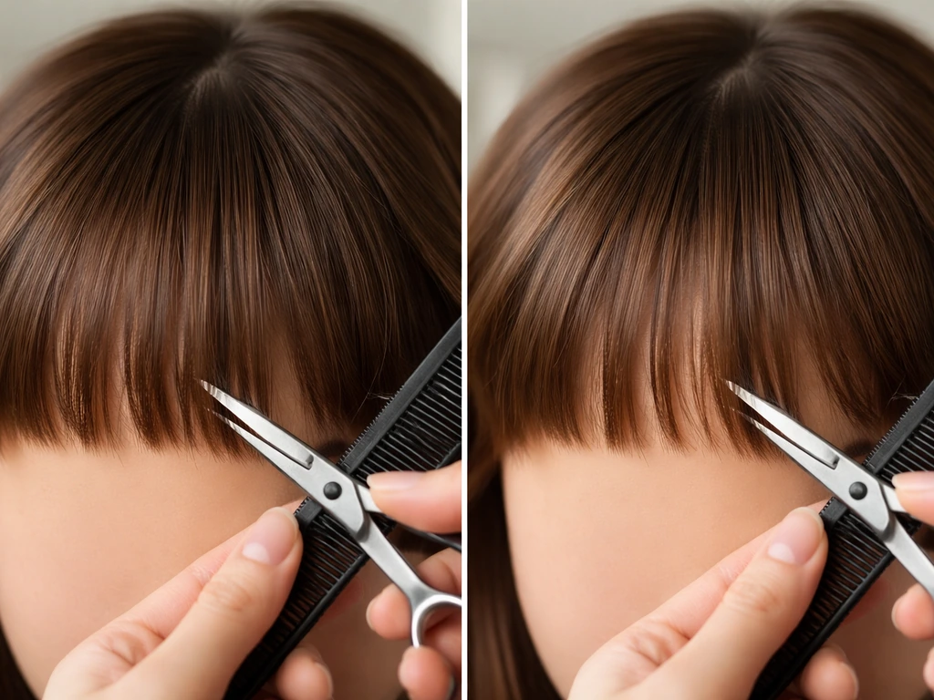 Close-up before-and-after: hands point-cut the ends of curtain bangs to reduce clunky bluntness.