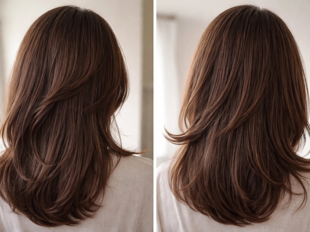 Split-screen close-up of curtain bangs: one side curls outward, and ends flip outward on the other.