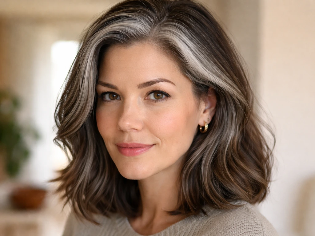Person with visible gray roots and neatly styled lengths, showing a natural gray hair grow-out transition.