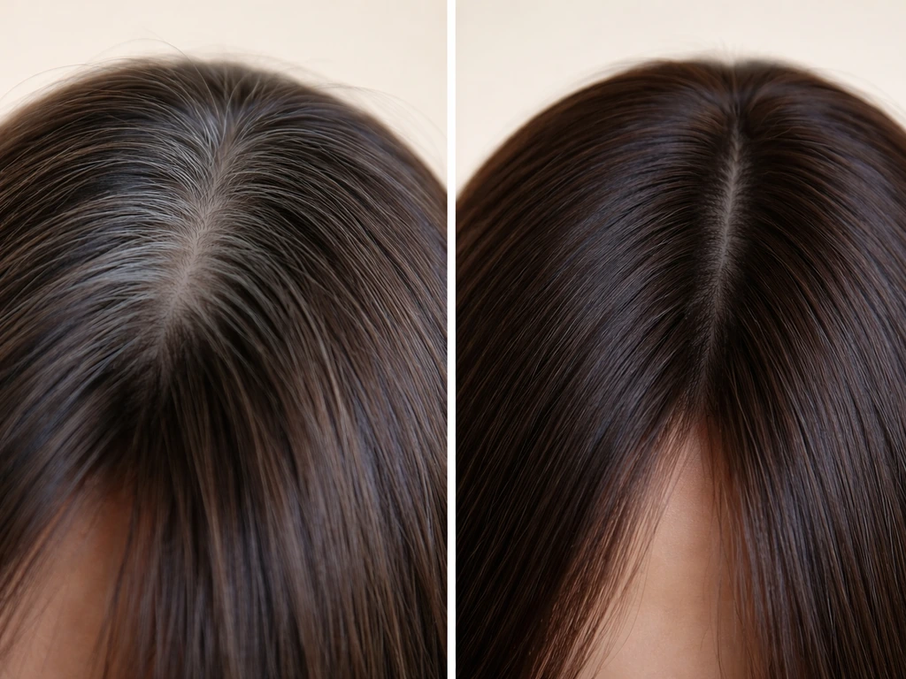 Two close-up hair strands side-by-side: visible gray root line versus neatly dyed, even color.