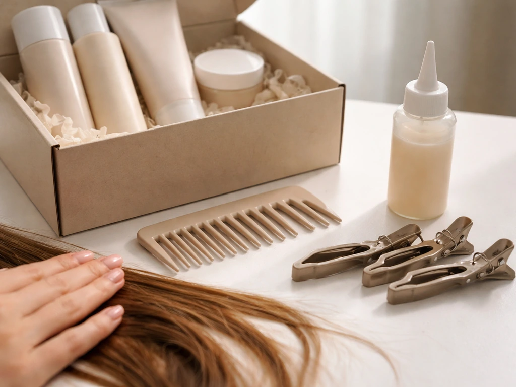 Close-up of a hair-prep setup with wide-tooth comb, section clips, and root-care products ready to use.