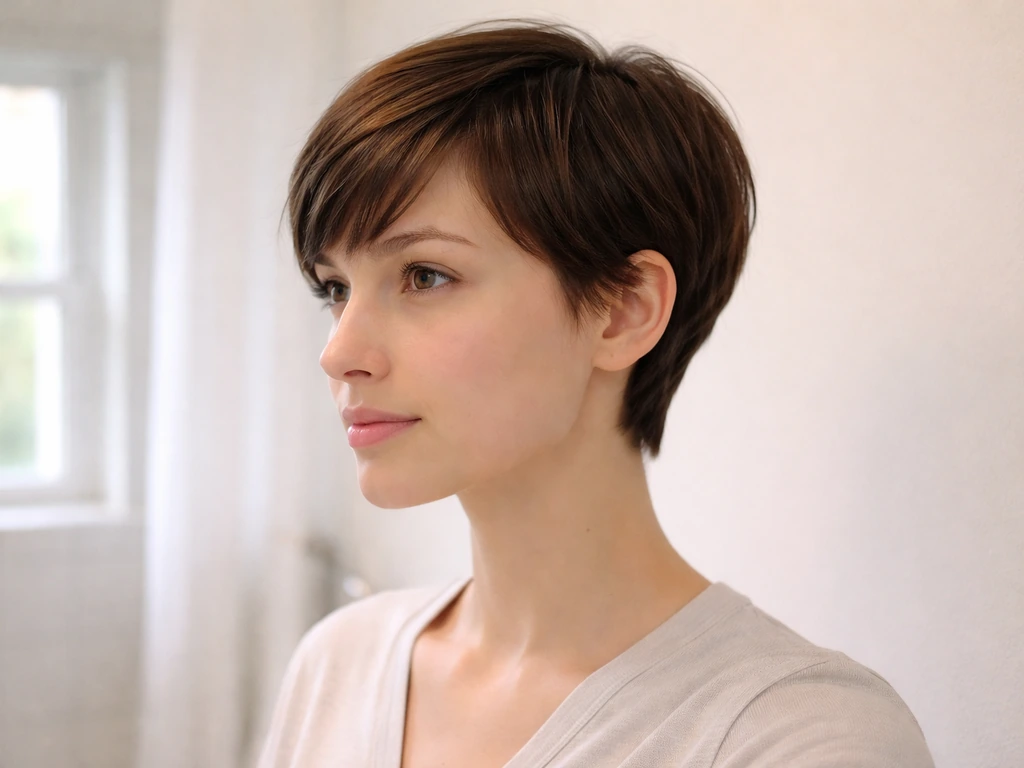 Anonymous adult with a neat pixie haircut in a simple bathroom, showing a smooth front/side transition.