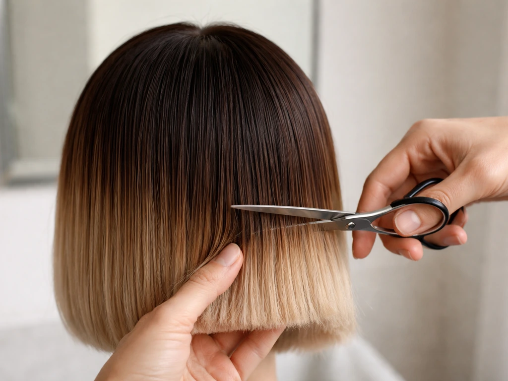 Close-up of scissors trimming only dyed hair ends on a mannequin, keeping the growing section intact.
