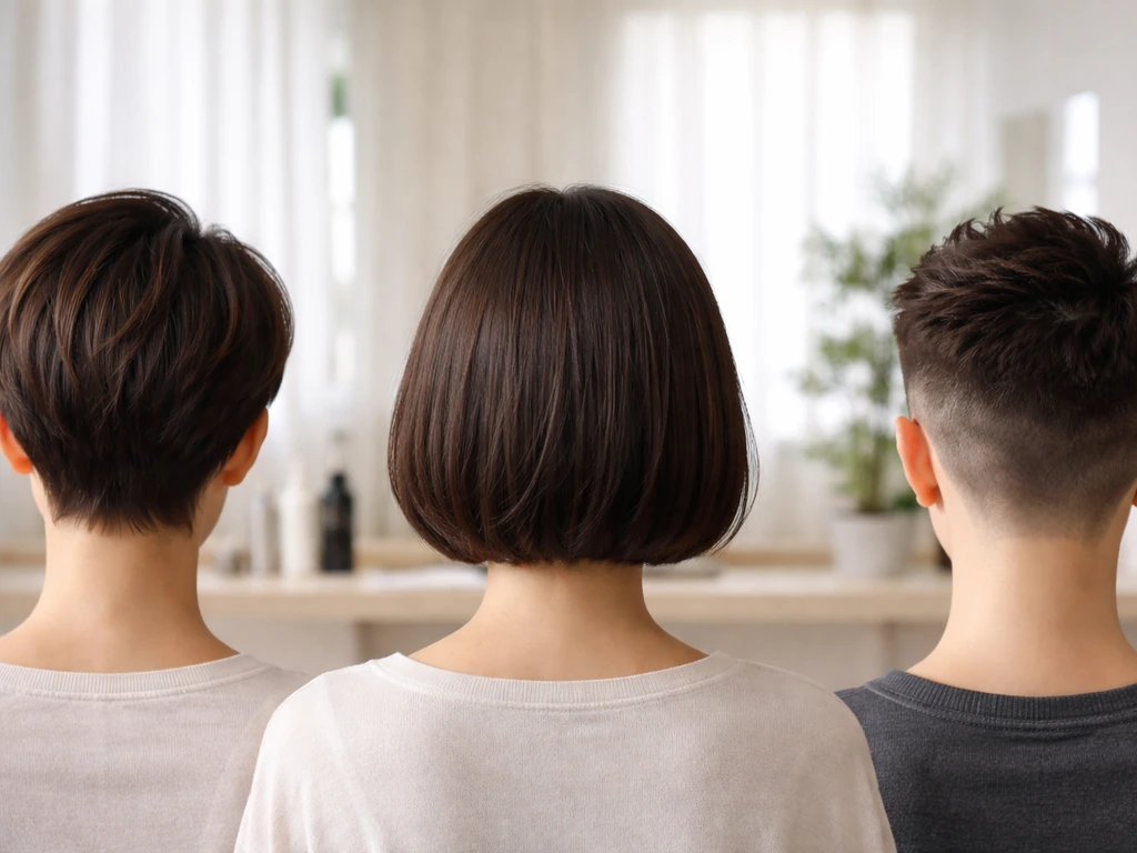Three hair starting points—pixie, bob, and buzz/undercut—shown side-by-side in a salon under natural light.