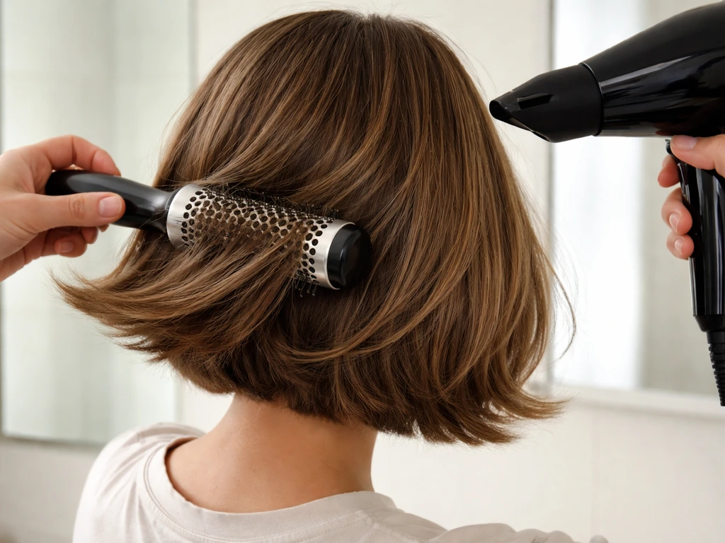 Close-up of bob hair being flipped out with a round brush and blow-dryer, hands only, no face.