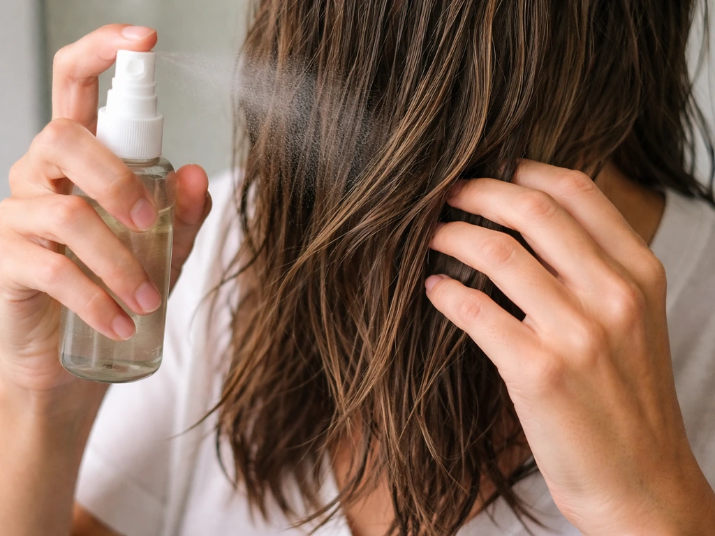 Person applying salt spray to damp hair, showing layering texture and softness at the neckline.