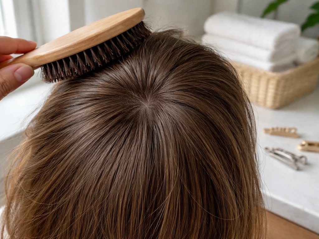 Crown hair brushed in natural direction, boar-bristle brush and small styling clips on a bathroom counter.