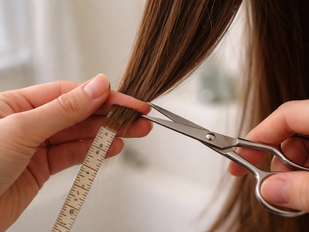 Close-up of scissors trimming hair ends conservatively, with a measuring tape nearby.