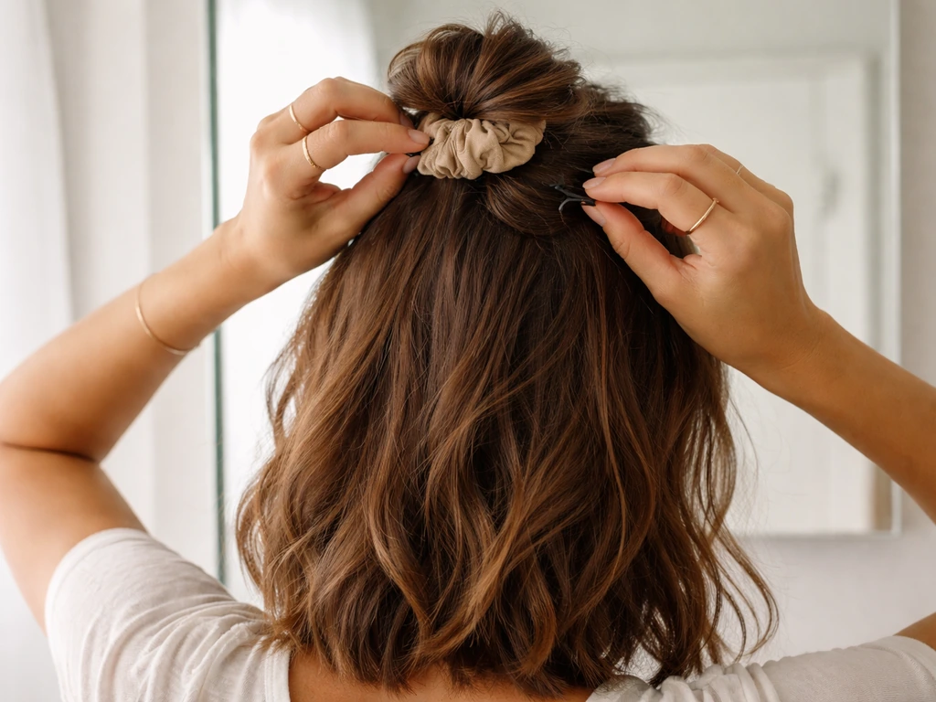 Hands create a half-up top knot, pinning shorter layers back in a simple bright bathroom.