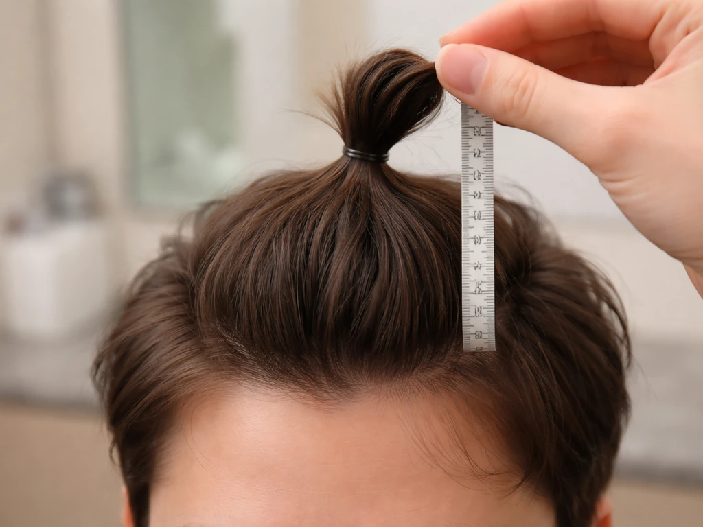 Close-up of a person’s hair at the crown being measured with a tape/ruler for a top knot