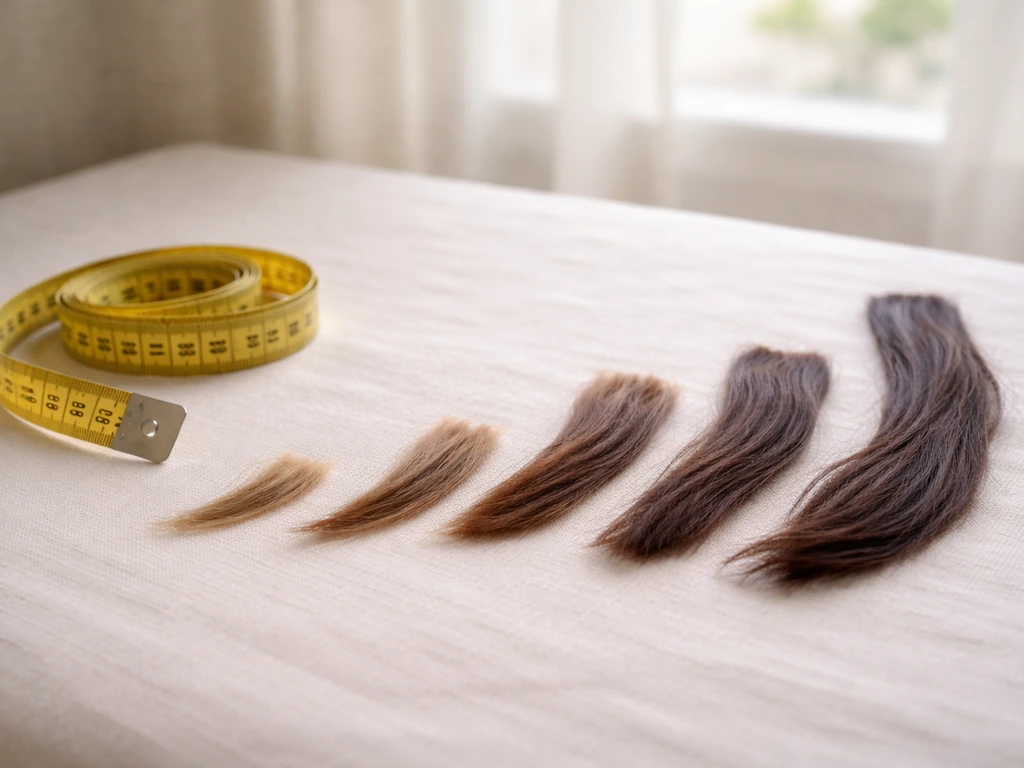 Minimal desk scene with a tape measure and small hair strand swatches on a neutral surface, timeline feel.