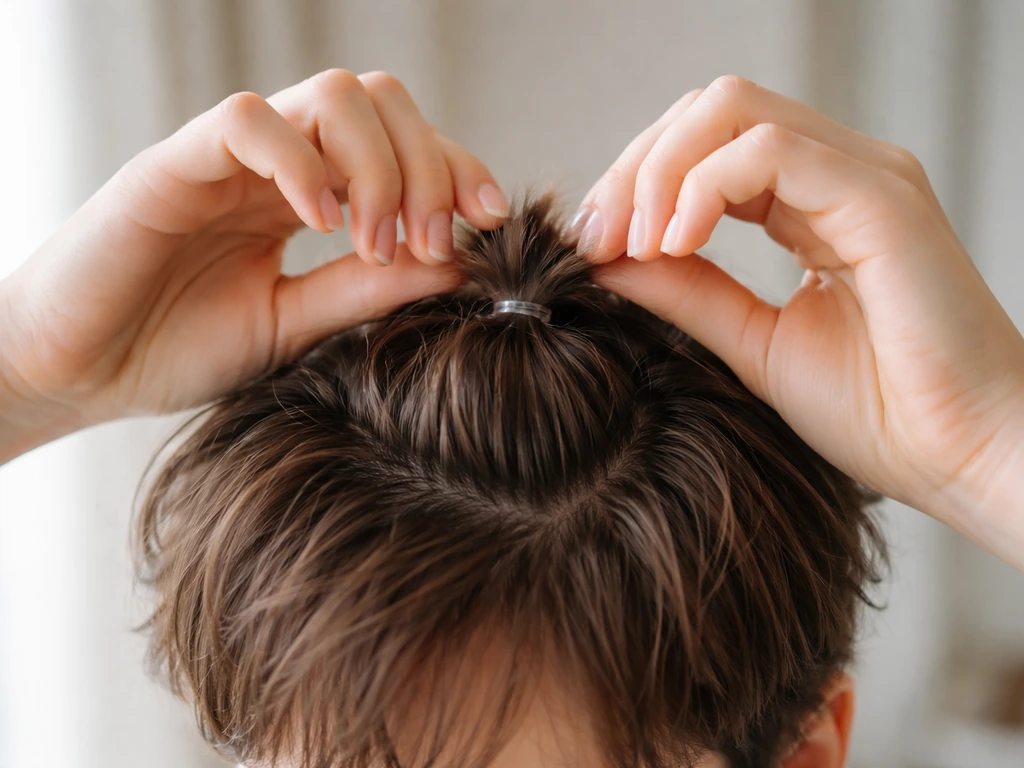 Person styling short hair into a small crown mini knot/bun nub with a tiny elastic.