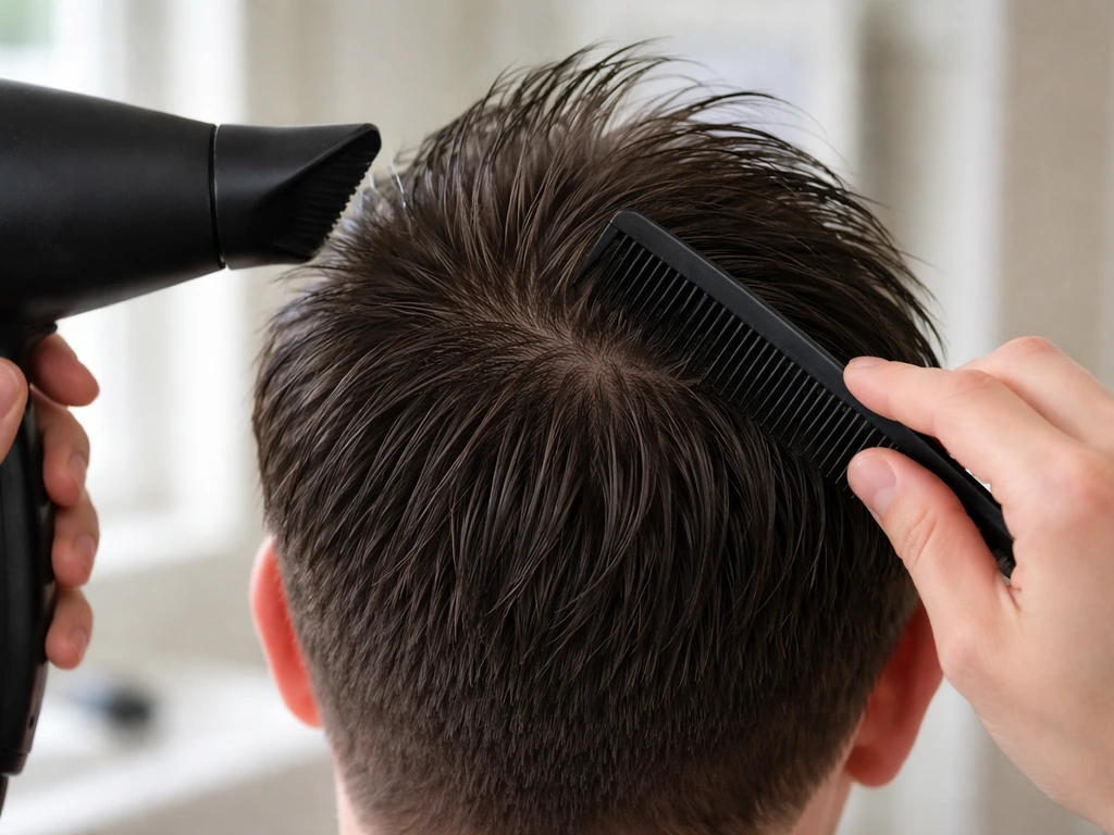 Damp hair at the crown being blow-dried upward and combed to align stubborn cowlick hairs.