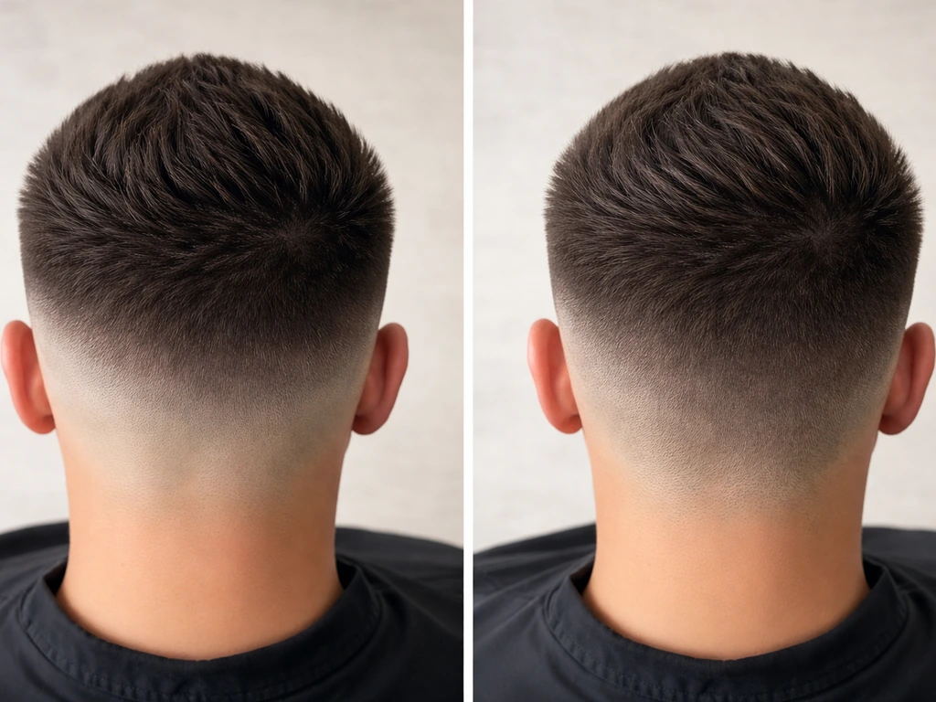 Top-down view of hair fade at two stages: crisp contrast then later softer, grown-out blending.