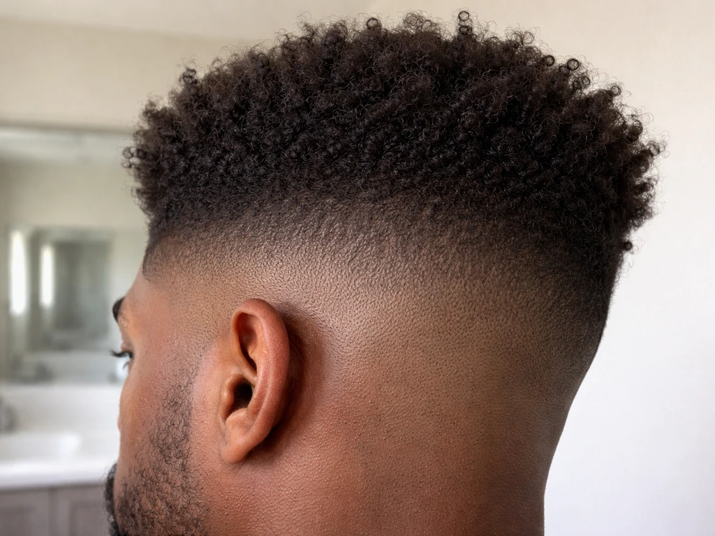 Side-angle close-up of a man’s growing out high top fade showing the blend line higher on the head.