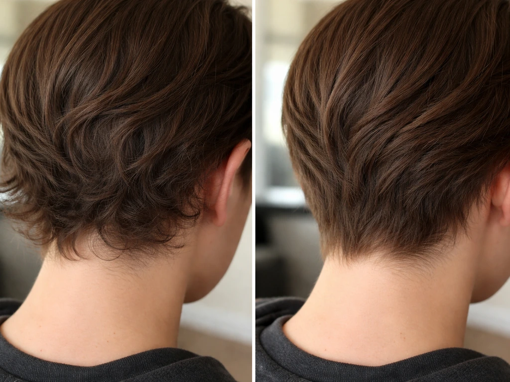 Close-up split-focus of messy back neckline and temples with smoother longer hair above it.
