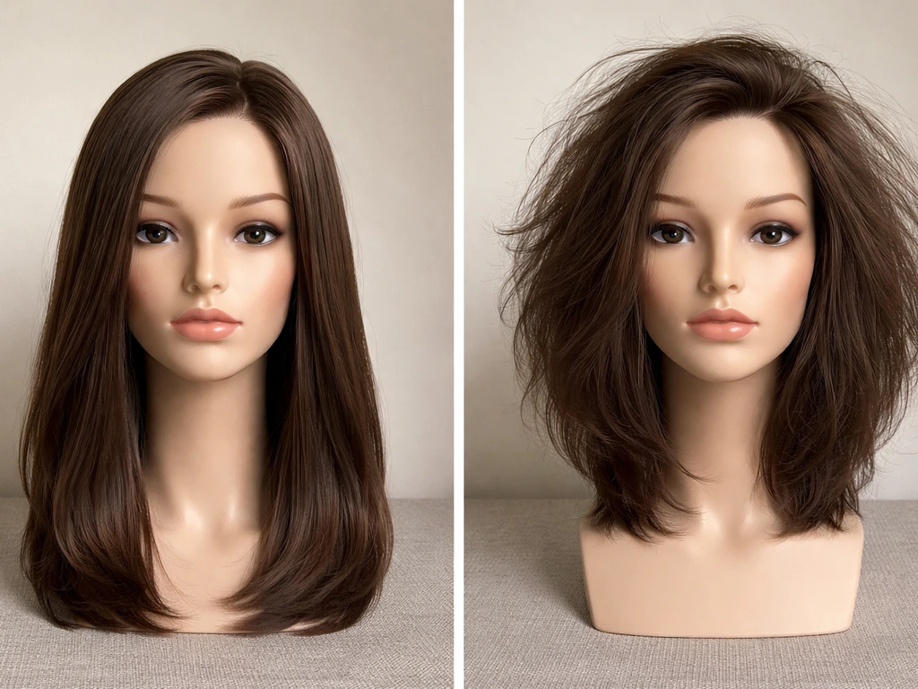 Two close-up hairstyles on mannequins: flat controlled vs puffy unstable same hair length range.