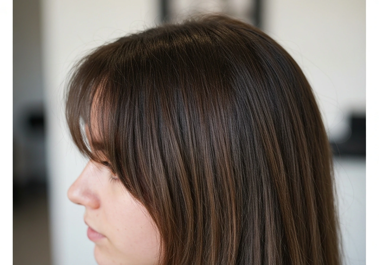 Close-up of styled hair showing shorter crown layers blending into longer lengths as layers grow out.