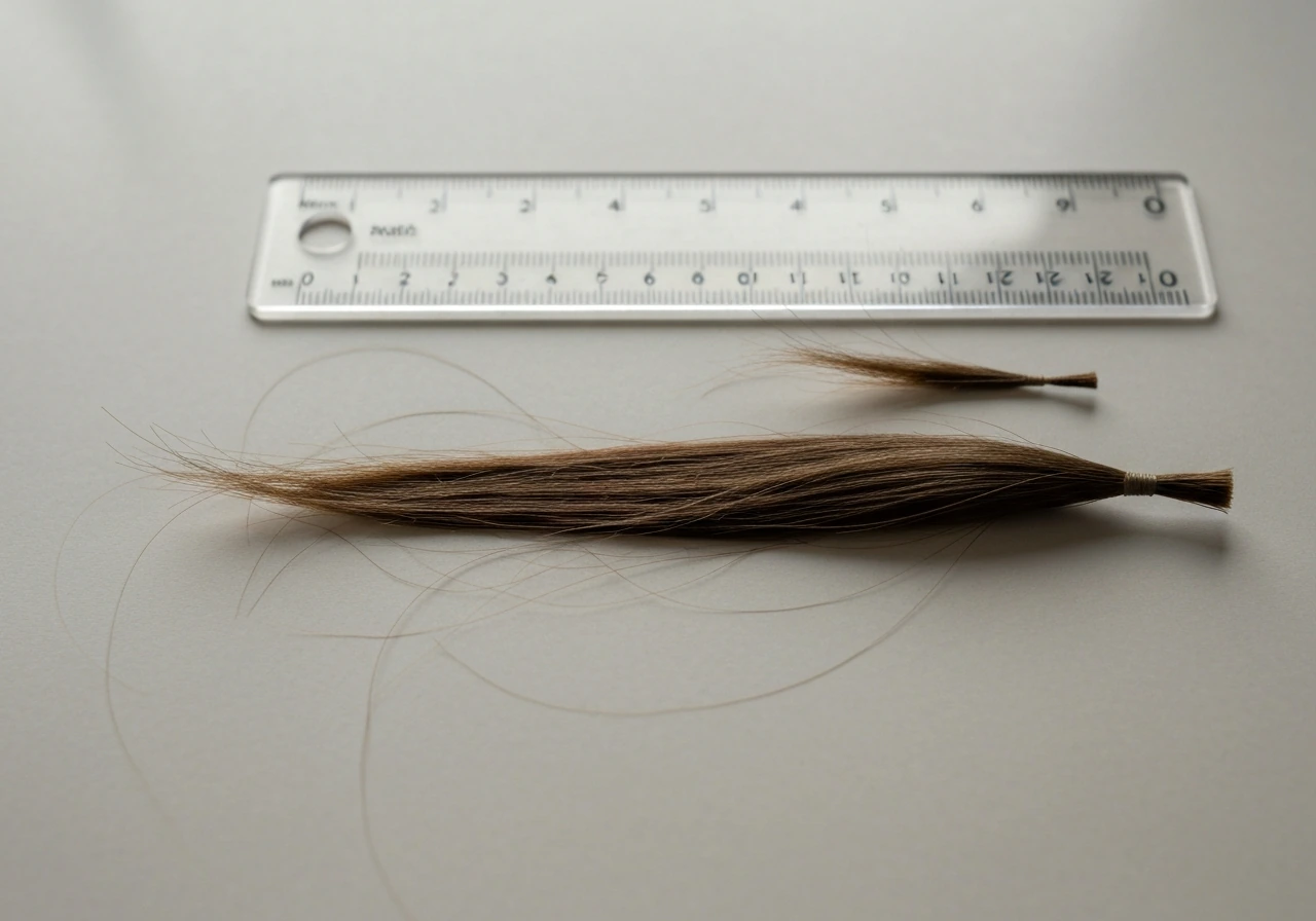 Hand holding a ruler beside a small lock of hair on a neutral background, showing short growth over time.