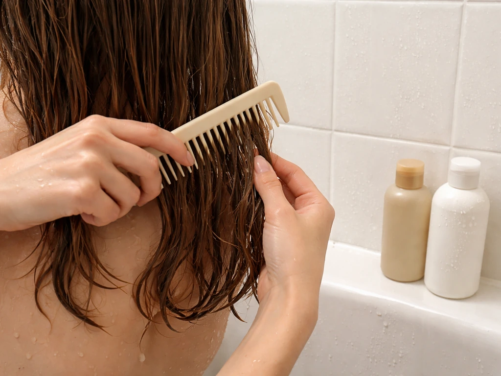 Hands combing wet hair from the ends with a wide-tooth comb while shampoo and conditioner bottles sit nearby.