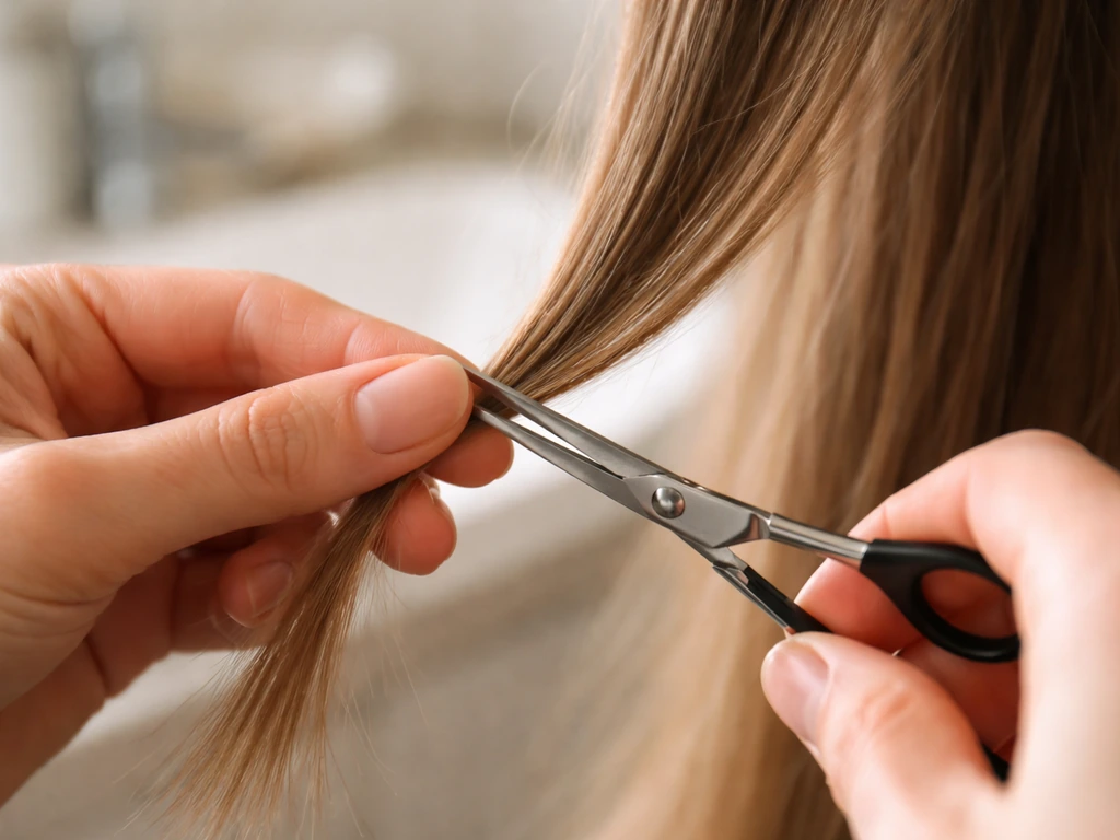Close-up of hair being gently micro-trimmed with small scissors near fingers.