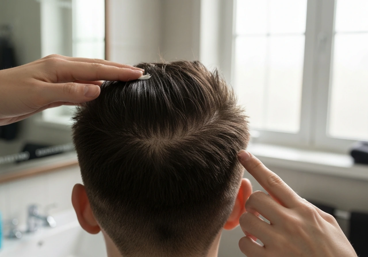 Close-up of hands smoothing short hair at the crown with medium-hold cream for a styled look