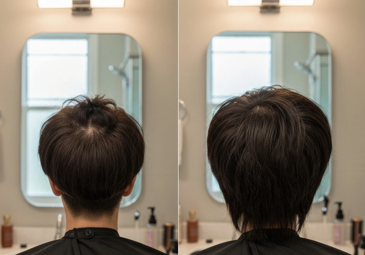 Mirror view of messy overlayered hair at the crown showing a puffed mushroom shape before a corrected blend