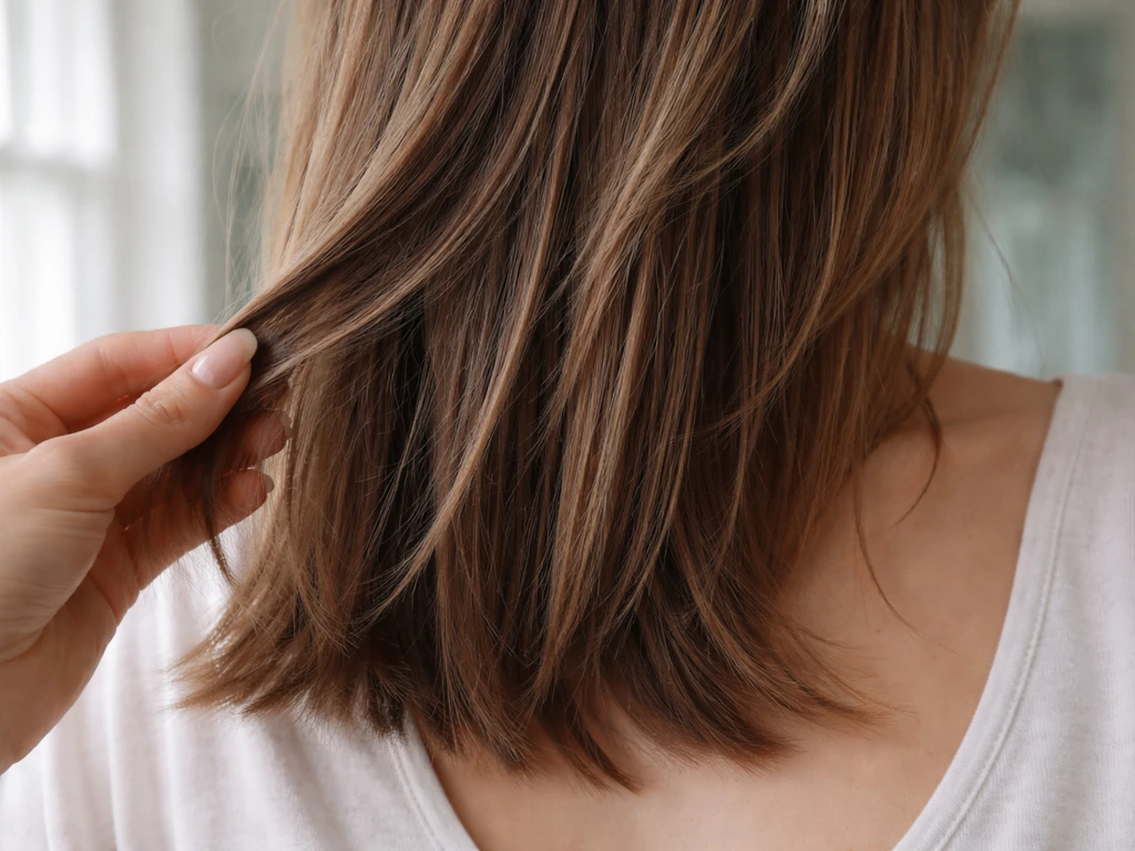 Close-up of shoulder-length hair showing uneven grow-out strands with slightly different lengths.
