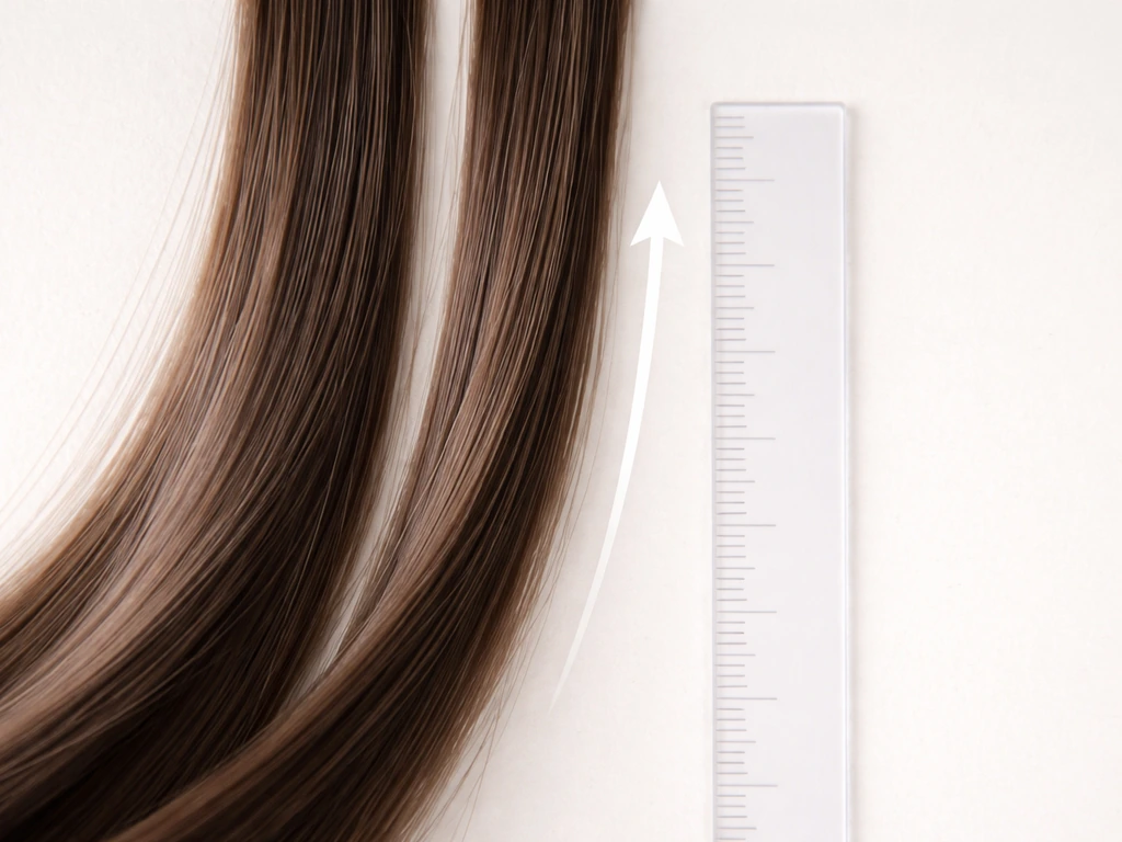Close-up of two sections of hair with a simple length gap, showing growth direction with a subtle ruler