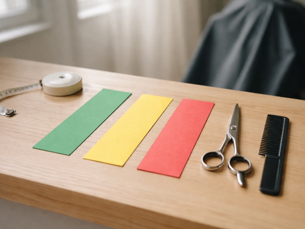 Salon workstation with colored paper strips suggesting hair grow-out time bands and scissors nearby.