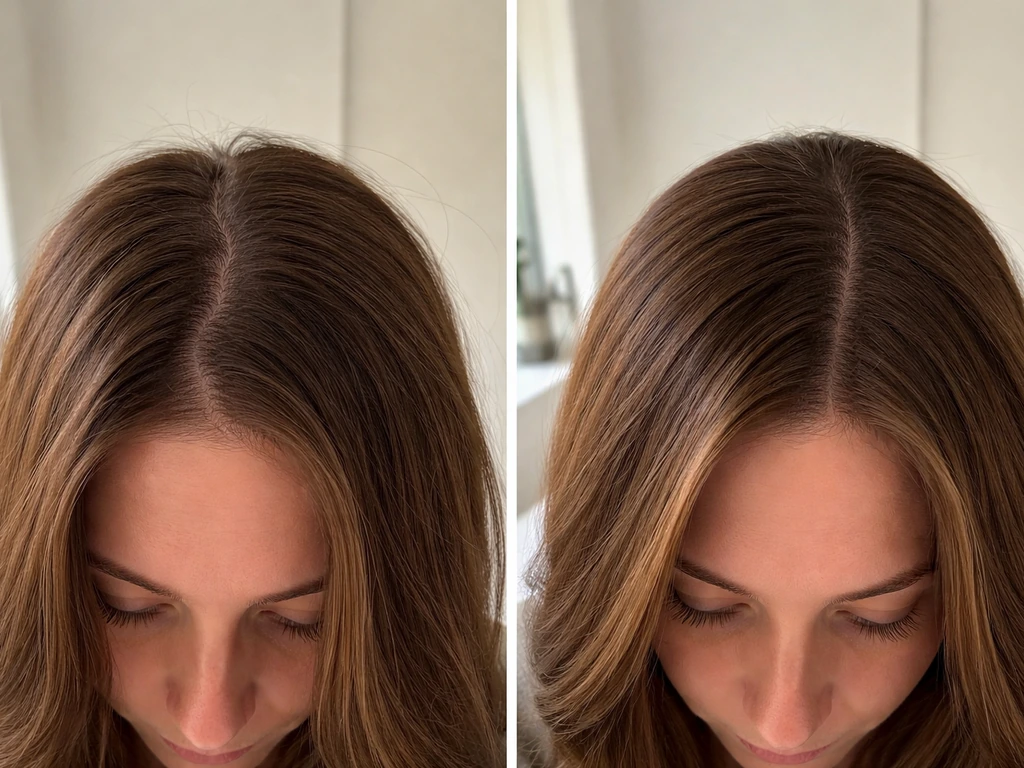 Two side-by-side mirror shots showing an intentional hair part change for a more deliberate grow-out look.