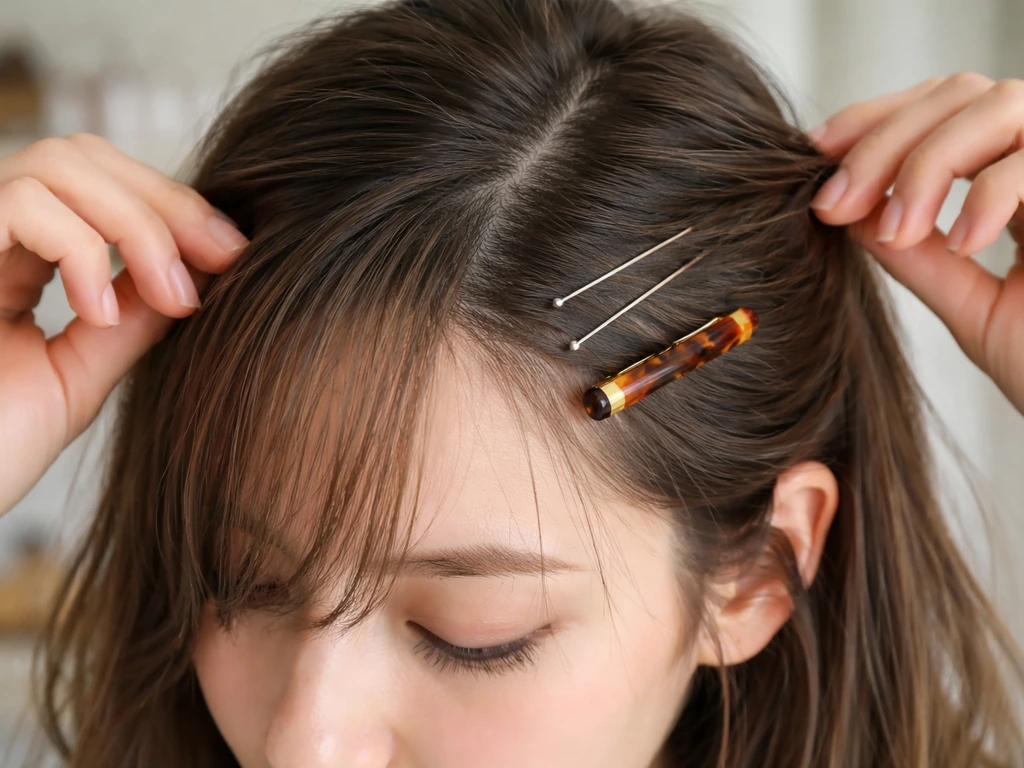 Close-up of a person pinning clipped bangs and side strands to redirect awkward grow-out hairlines.