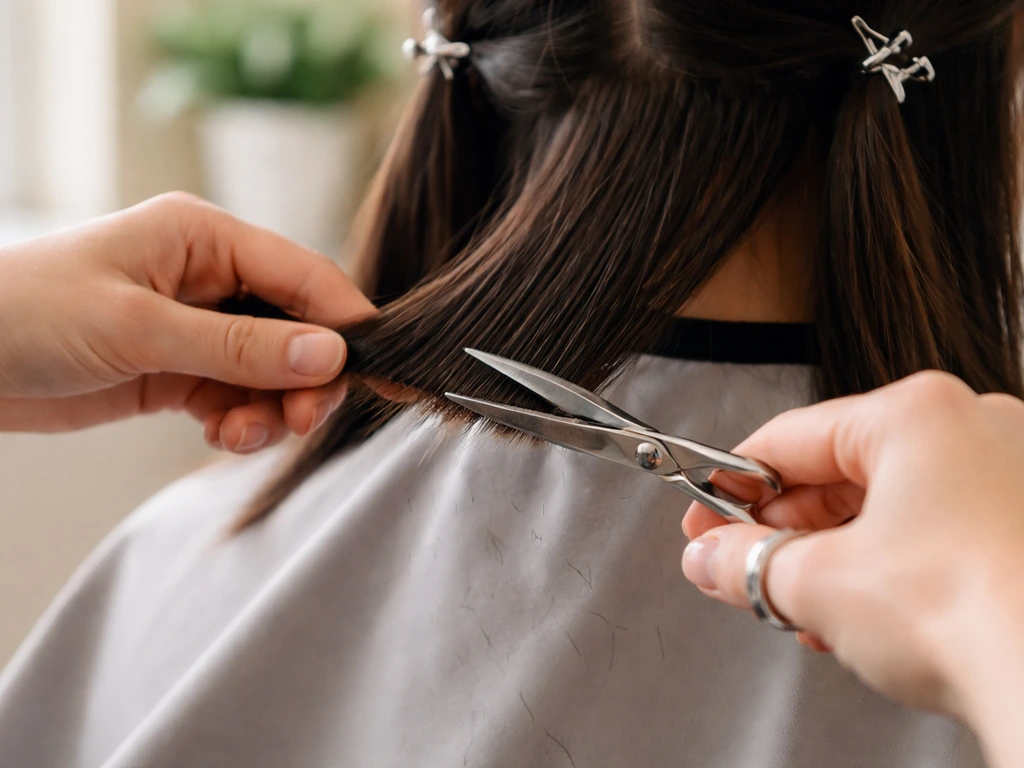 Stylist’s hands snipping only the uneven ends of sectioned hair during a targeted trim.
