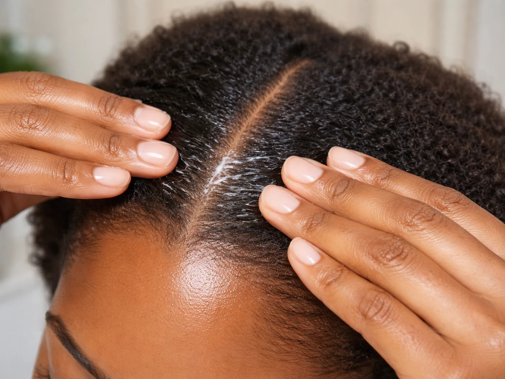 Hands applying leave-in moisturizer along the hair line for a relaxer grow-out routine