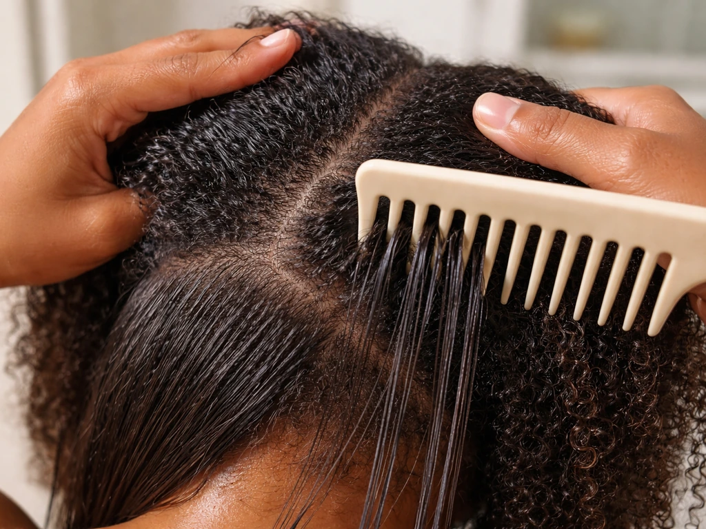 Close-up of gentle detangling at the hair demarcation line using a wide-tooth comb.