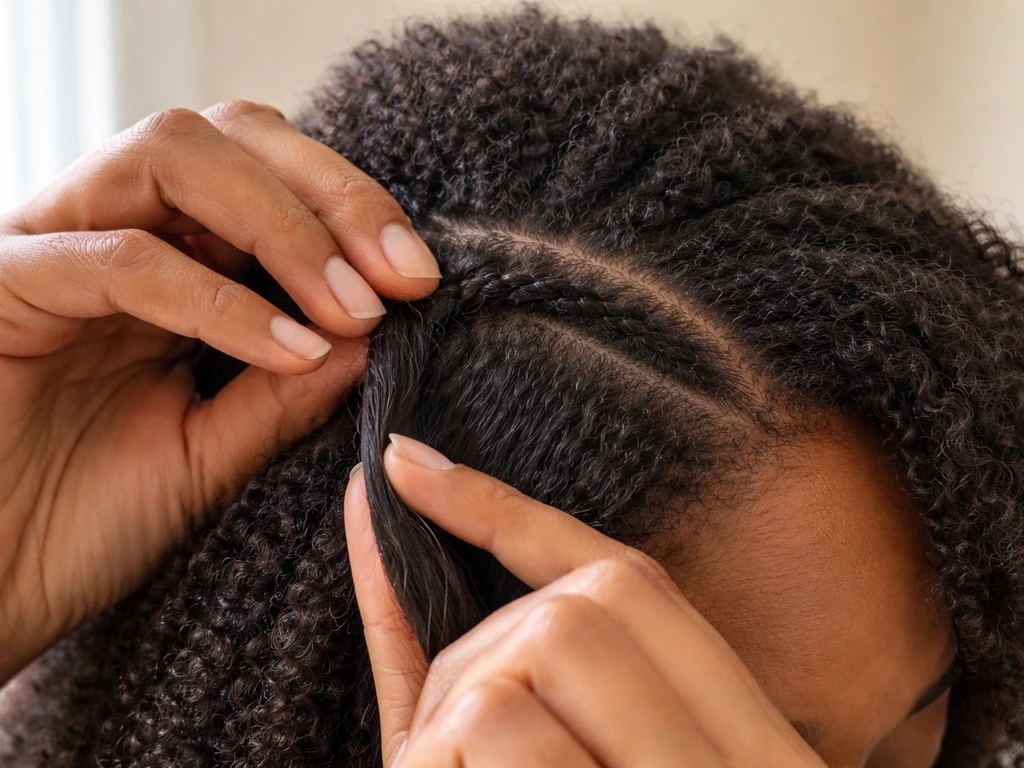 Hands twist natural hair showing slight early regrowth texture mismatch in a simple, bright room.