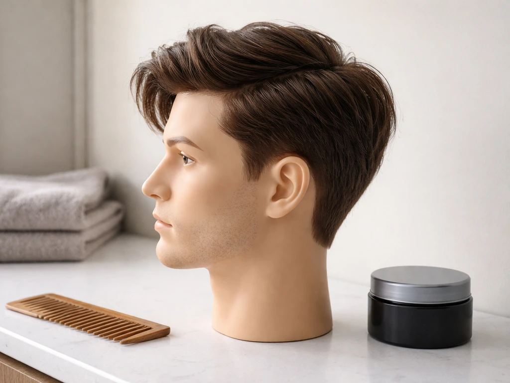 Side view of a mannequin with neatly styled medium-length hair grow-out look beside comb and cream.