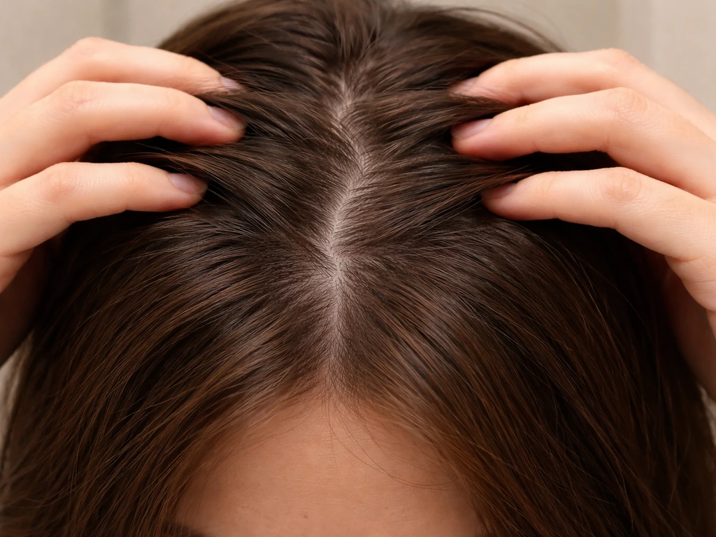 Close-up of hair parted to reveal uneven growth directions and thicker bulk zones on the scalp