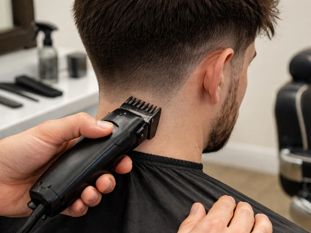Barber clipper with guard shaping a clean neckline and sides while the top grows, tools on counter.