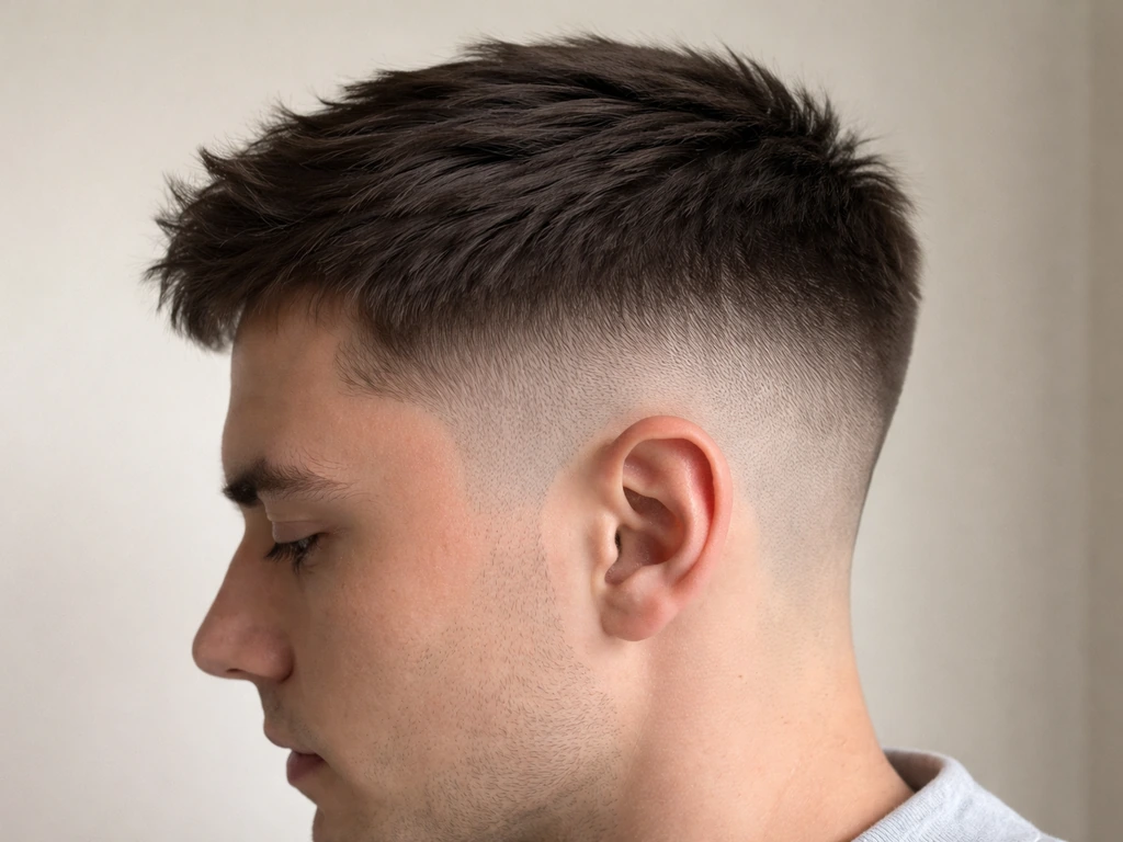 Close-up front/side view of an under-2-inch textured crop with a clean low fade/taper.