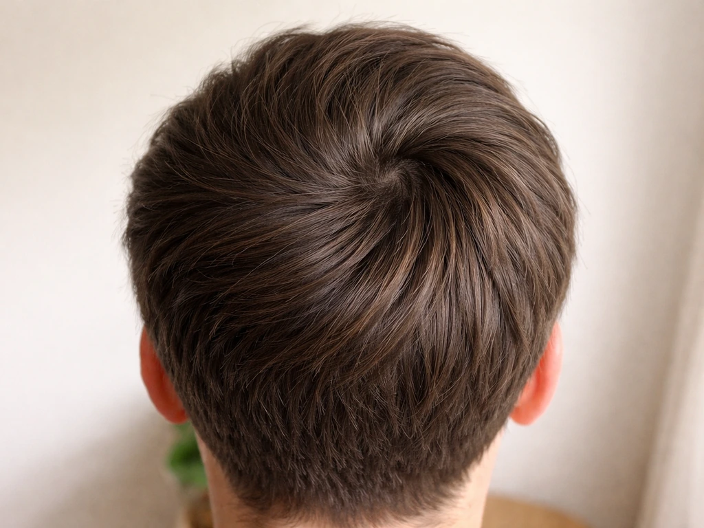 Top-down view of hair cowlick at the crown, with strands combed to a corrected direction.