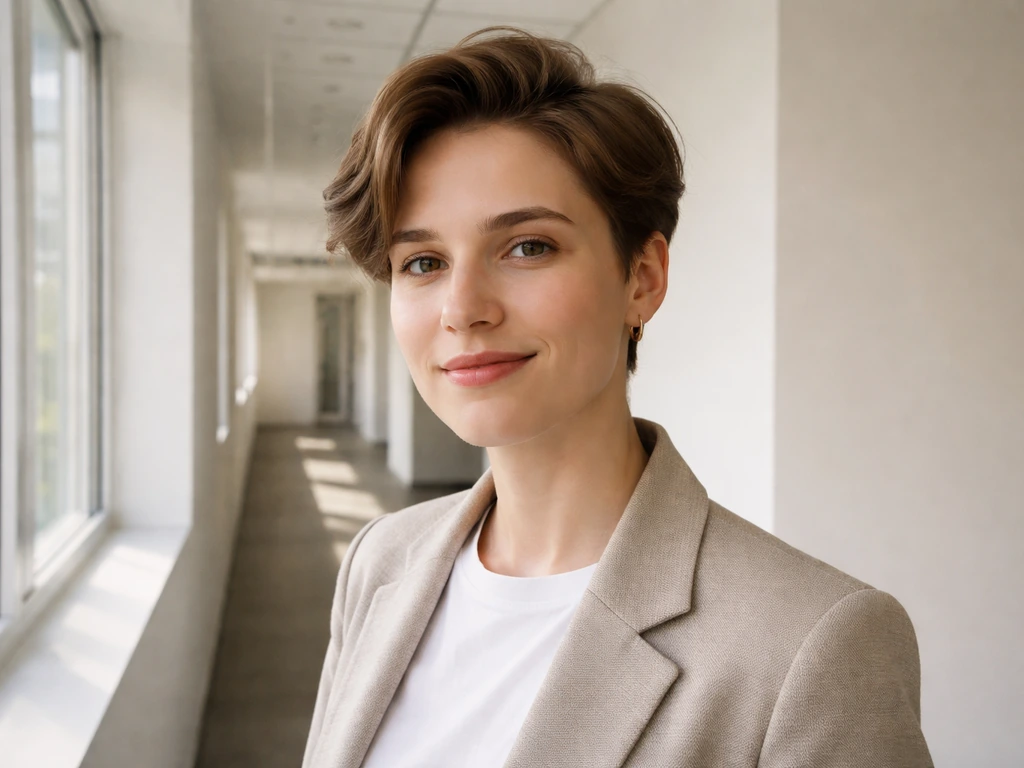 Person with neatly groomed short-to-medium hair in a polished grow-out style in a bright office hallway.