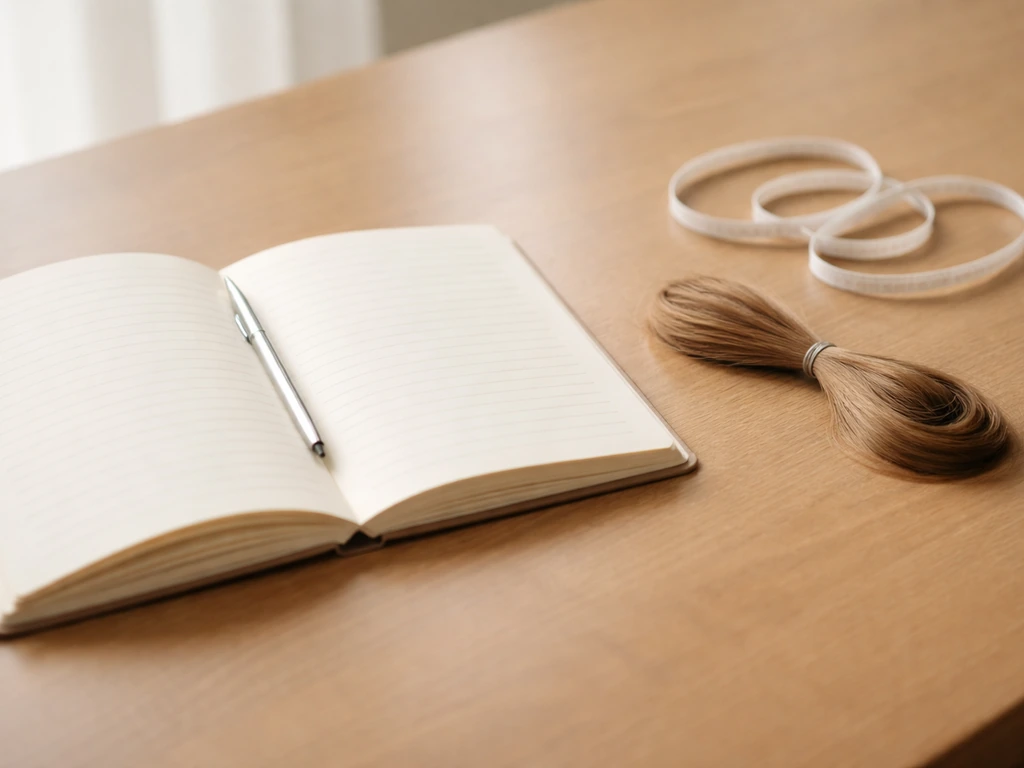 Close-up of a wooden desk with a blank planner and hair-length measuring tape loops in natural light.