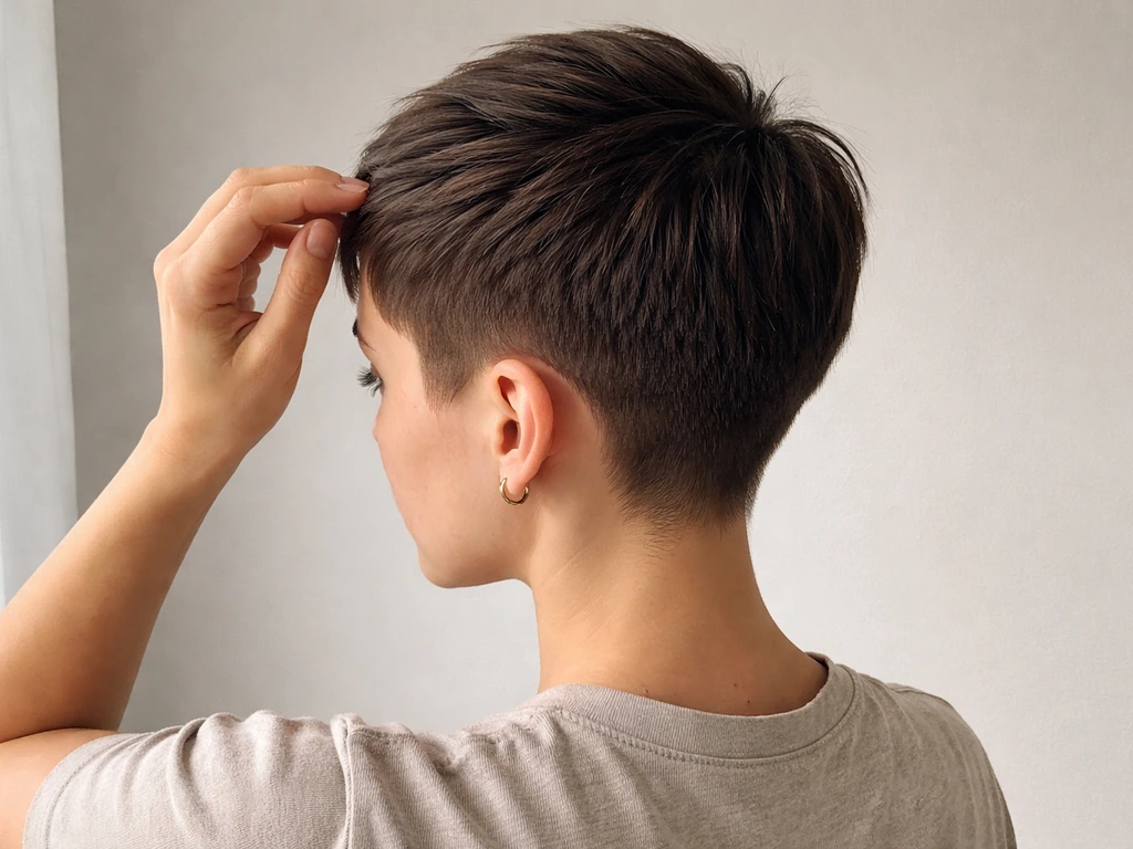 Anonymous person with very short uneven hair styled polished with a clean hairline and side sweep.